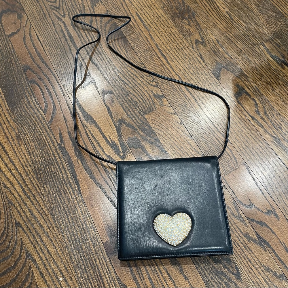 VINTAGE SUSAN GAIL Black Leather Rhinestone Heart Crossbody Bag Clutch - Picture 13 of 13